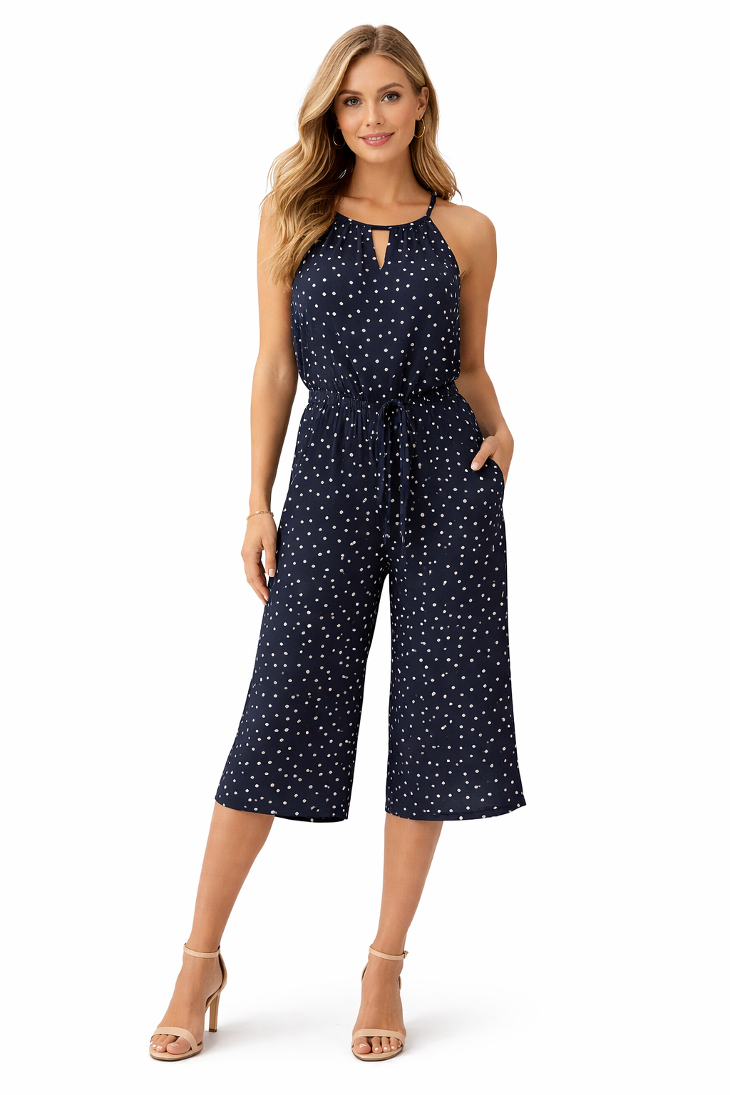 London Times Navy/White Polka Dot Pre-Owned Ladies Jumpsuit - Size 6 Petite
