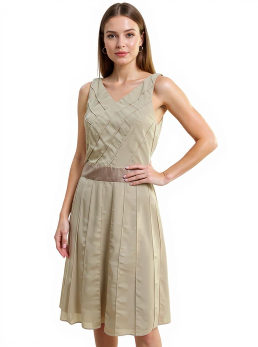 Rabbit Rabbit Rabbit Beige Pre-Owned Ladies Dress in size 6 with V-neck, pintuck bodice, and satin waistband, ideal for cocktail or wedding guest wear.