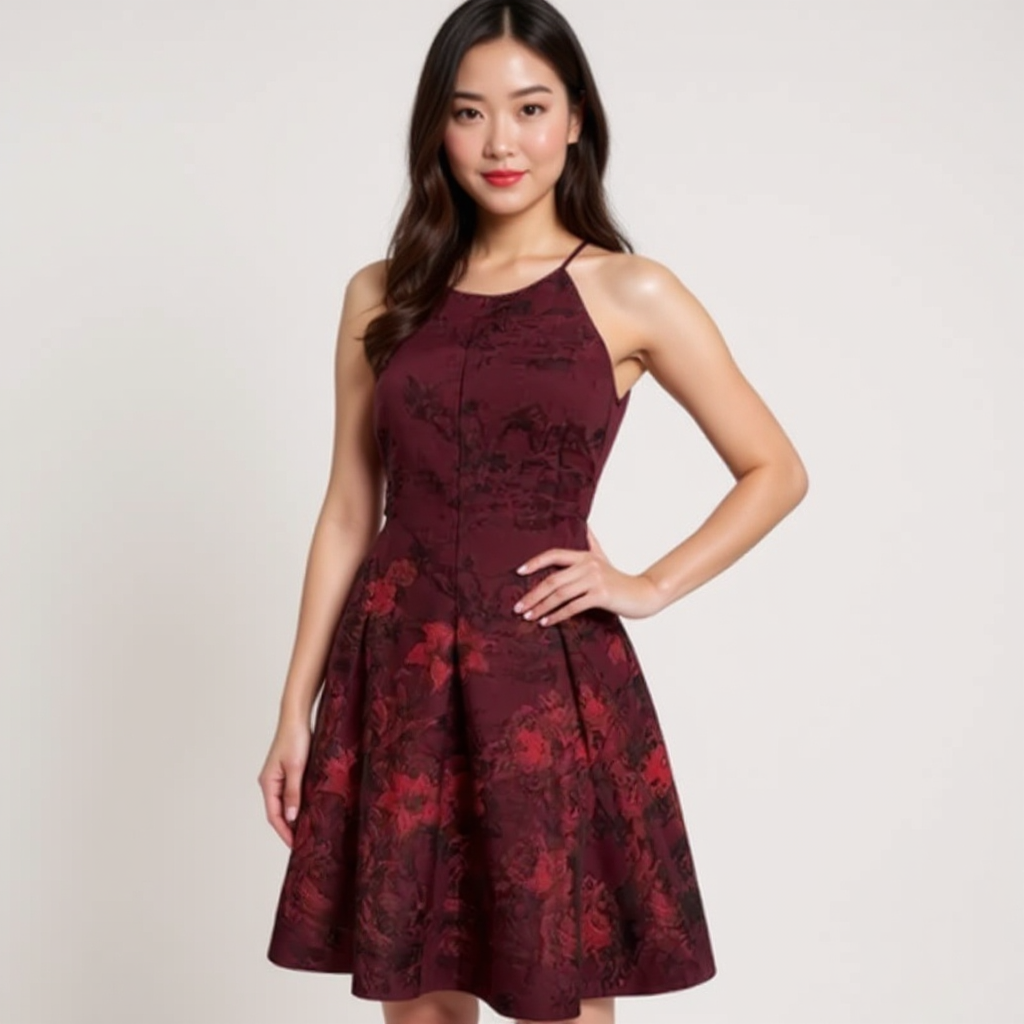 WHBM Burgandy Floral Pre-Owned Ladies Dress - Size 10