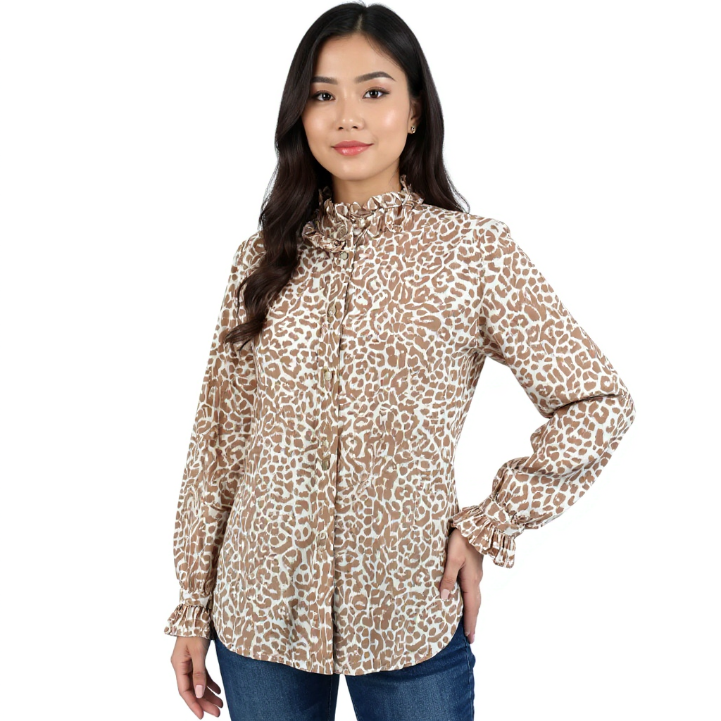 J. Crew Tan Cream Print Ladies Pre-Owned Top – Size Small