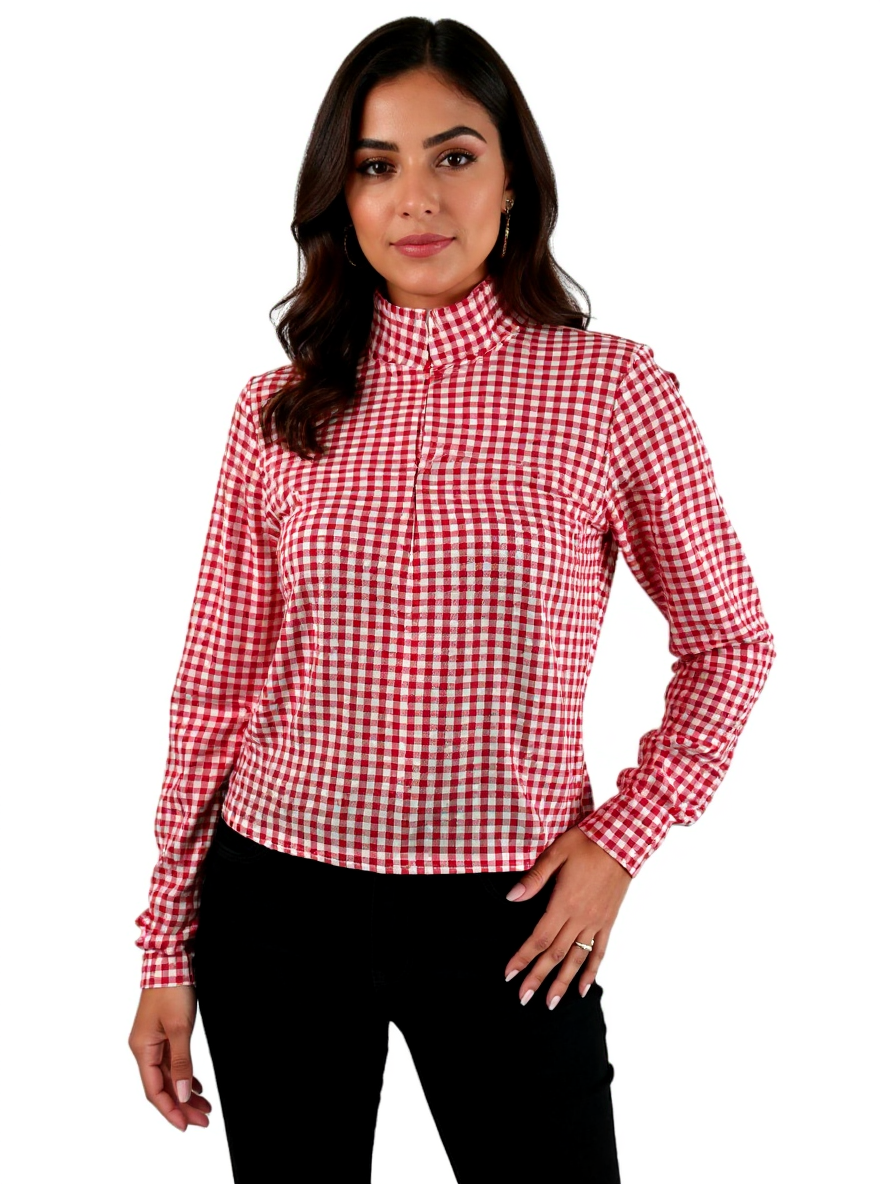 Lands' End white and red checkered ladies' half-zip mock neck tunic top in size small, featuring a relaxed fit.