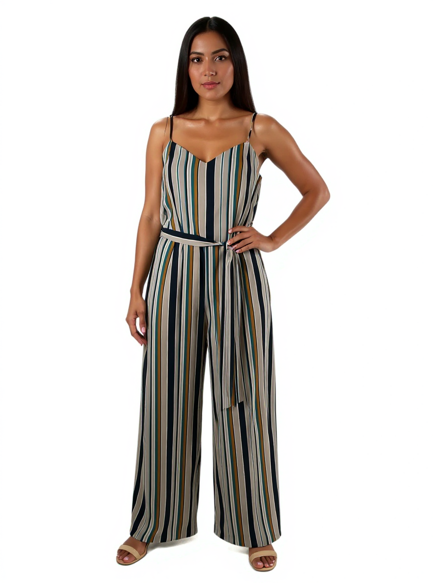 Monteau Gray/Navy/Mustard Stripe Pre-Owned Ladies Jumpsuit - Size Large