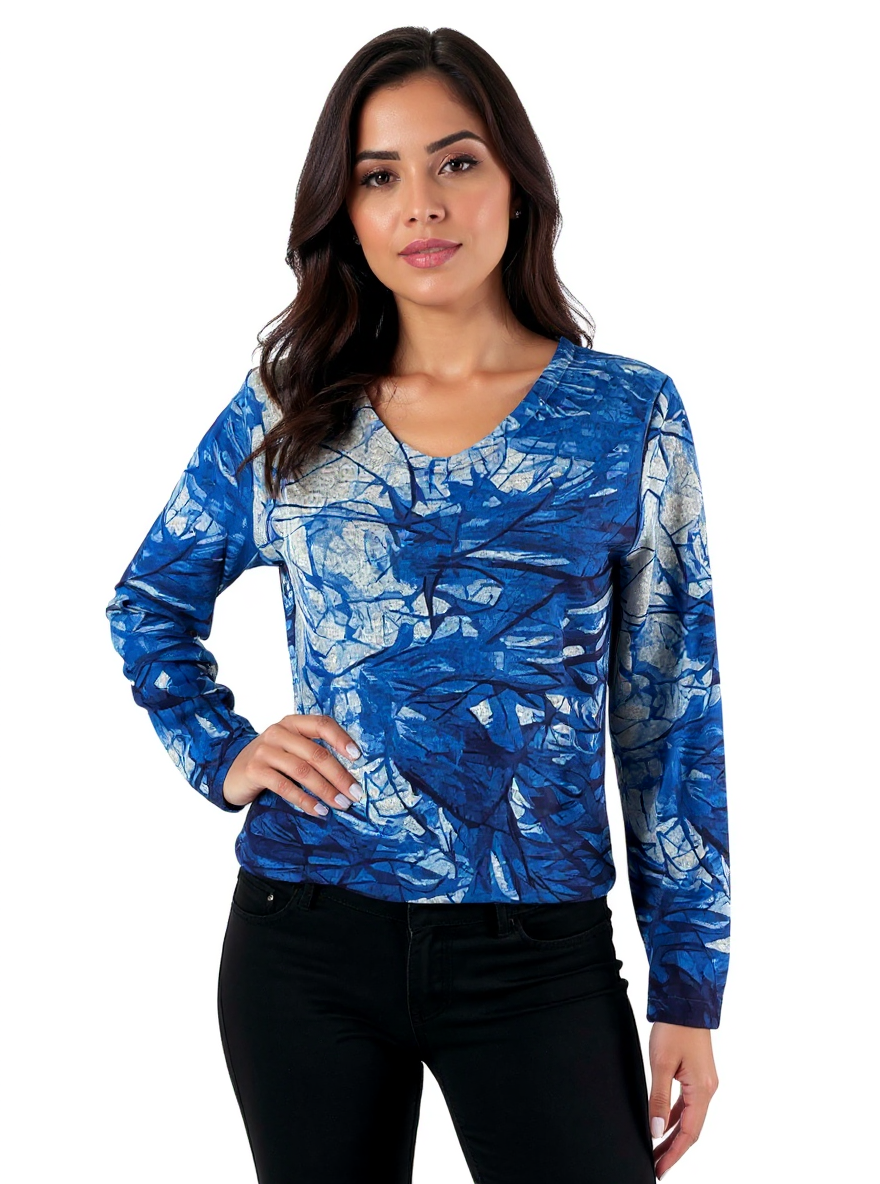 Miss Nikky blue print pre-owned long sleeve tunic top, V-neck, size small, casual pullover with stretch fabric.