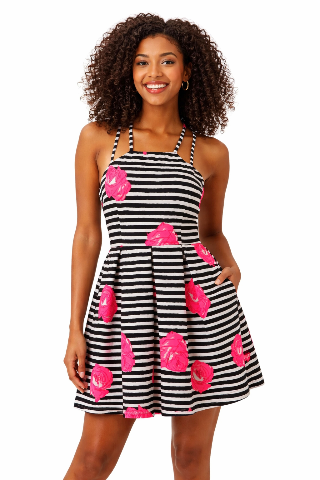 Katia White/Navy/Pink Floral Pre-Owned Ladies Dress - Size Large