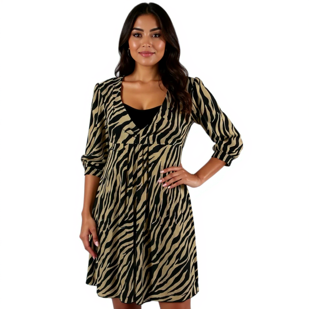 Style & Co Tan/Black Print Ladies Pre-Owned Dress - Size Petite Small