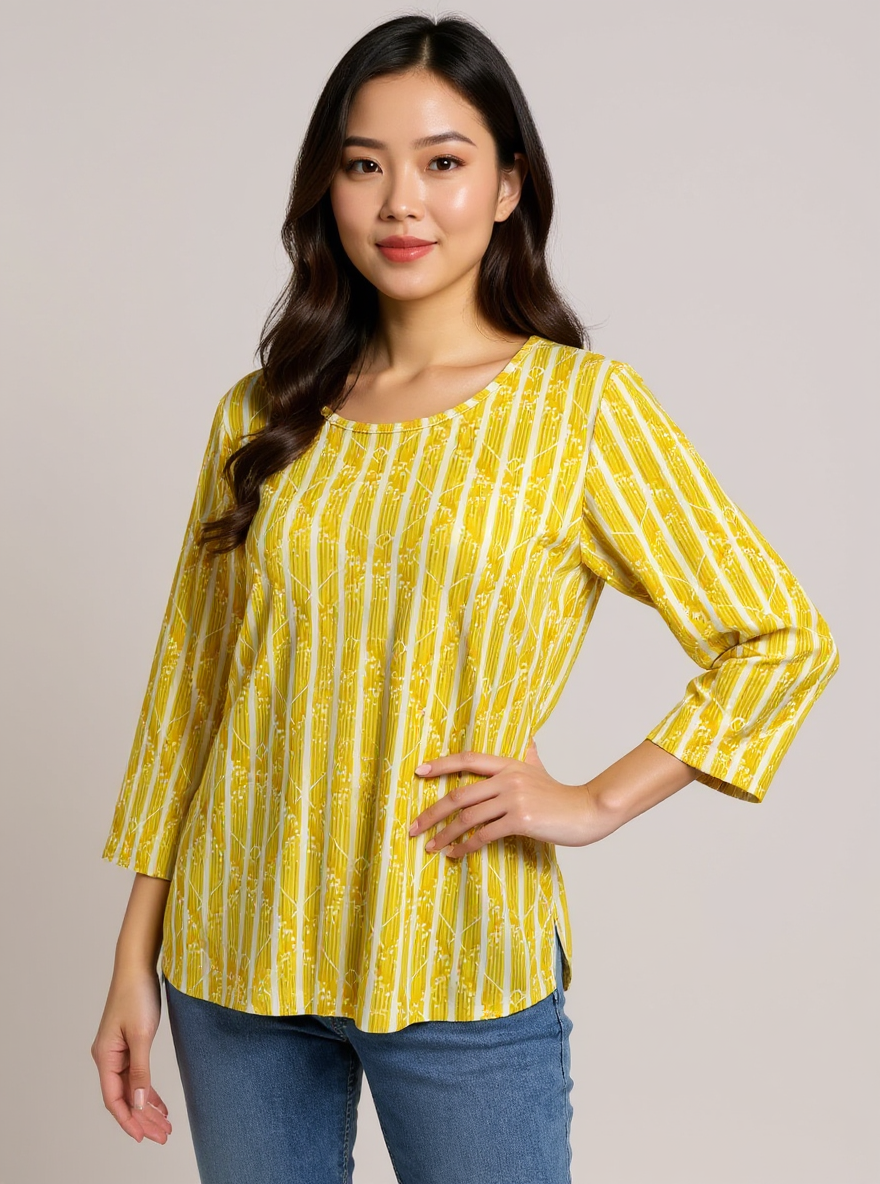 Christopher & Banks Yellow/White Print Pre-Owned Ladies Top - Size Large