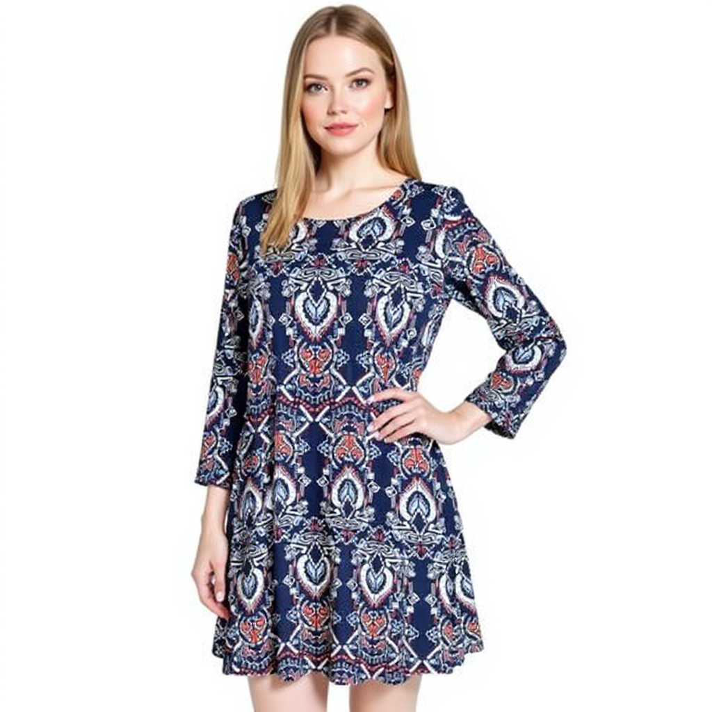 Karen Kane Navy/Cream/Orange/Lavender Print Pre-Owned Ladies Dress - Size Medium