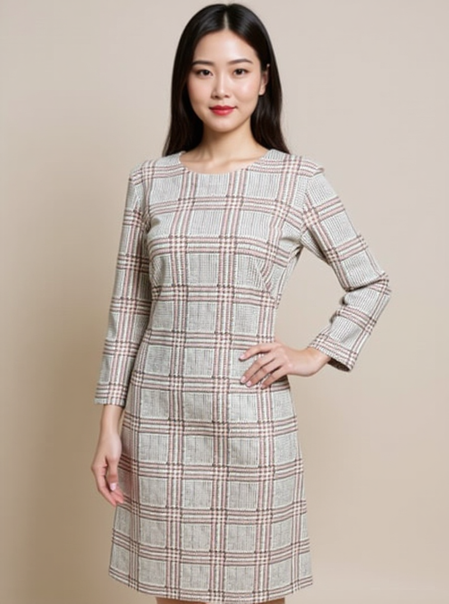 J Mclaughlin Pink/Tan/Cream Plaid Pre-Owned Ladies New with Tags Dress - Size Large