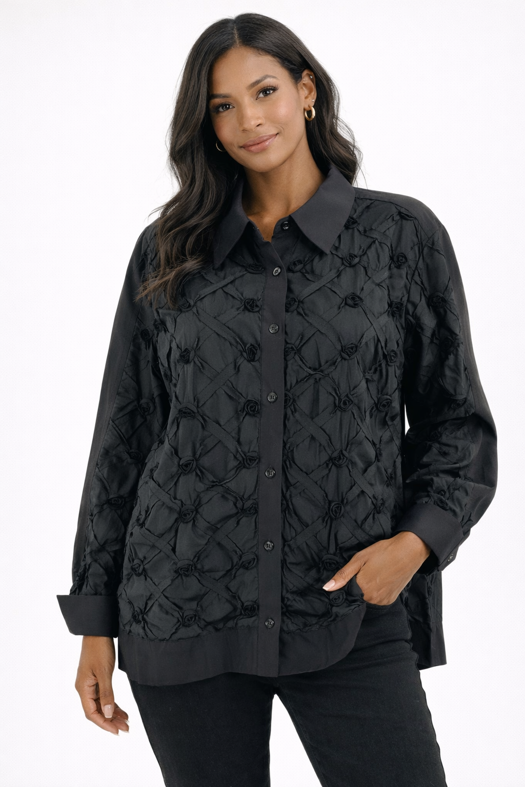 Anthony - Black Textured Pre-Owned Ladies Casual Top - Size Large