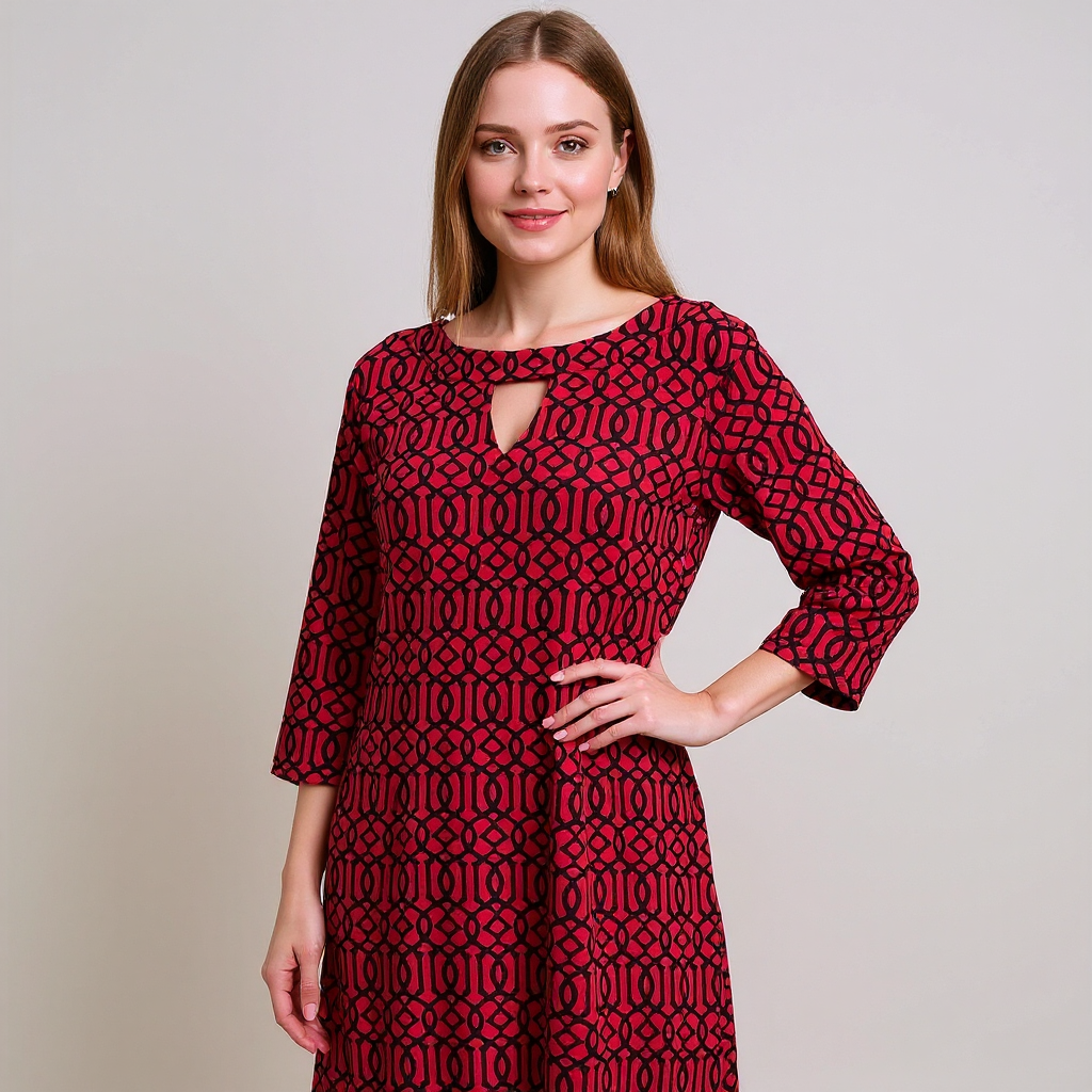 Lulu B Red/Black Print Ladies Pre-Owned Dress - Size Medium
