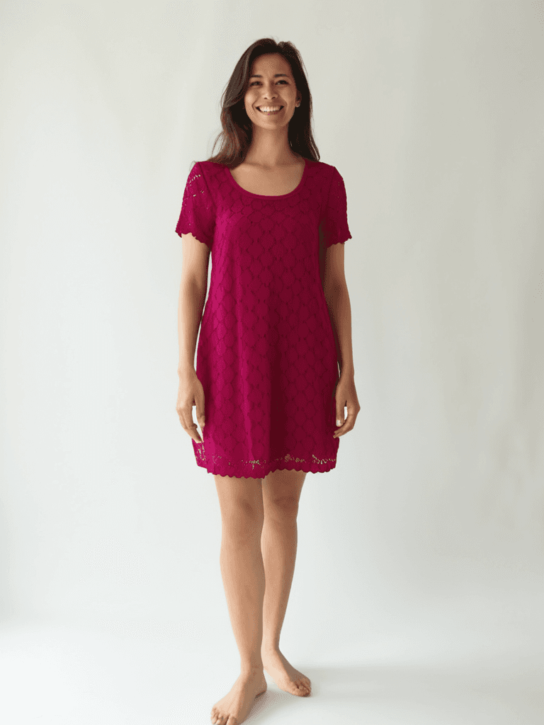 Ronnie Nicole 2 Piece Ensemble Size Petite Medium in hot pink modeled on a woman, featuring a scalloped hem and short sleeves. Ideal for cocktail events.