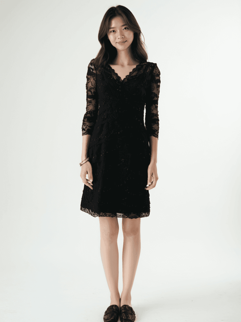 Marina Dress Size 10 Petite with black lace and 3/4 sleeves modeled front view, available at Margaret's Fine Consignments.