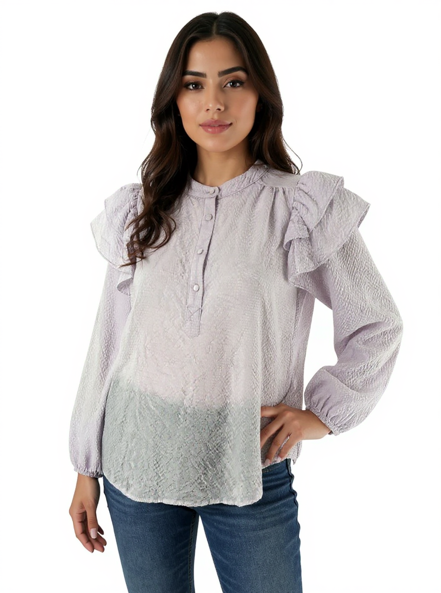 French lavender textured ladies top by FRNCH in size small, featuring a romantic and boho-inspired design.
