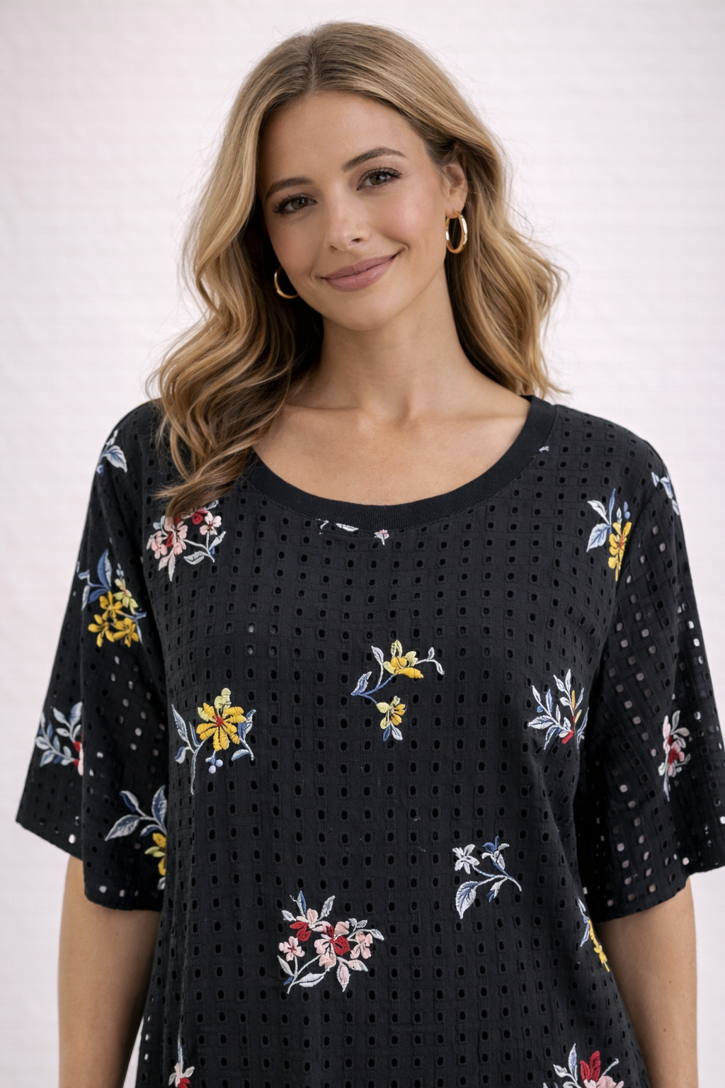 Ann Taylor black and multi floral embroidered top in size XL, featuring a bohemian, feminine, casual style.