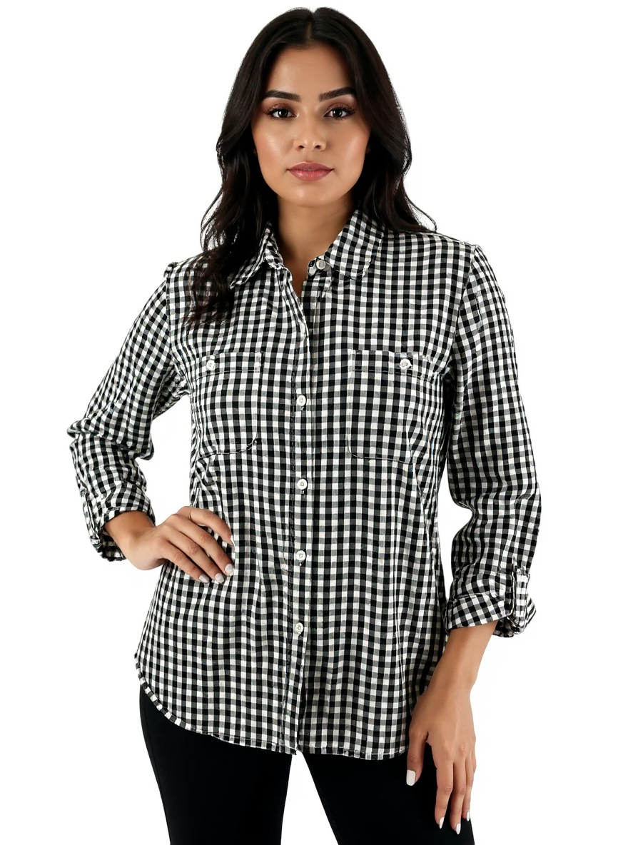 Croft & Barrow white and navy checkered button-down tunic top in size medium with a classic preppy style.