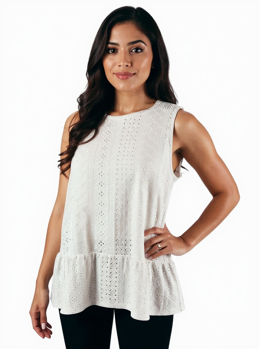 Michael Kors ladies' white peplum top, sleeveless, size large, featuring a boho romantic design.