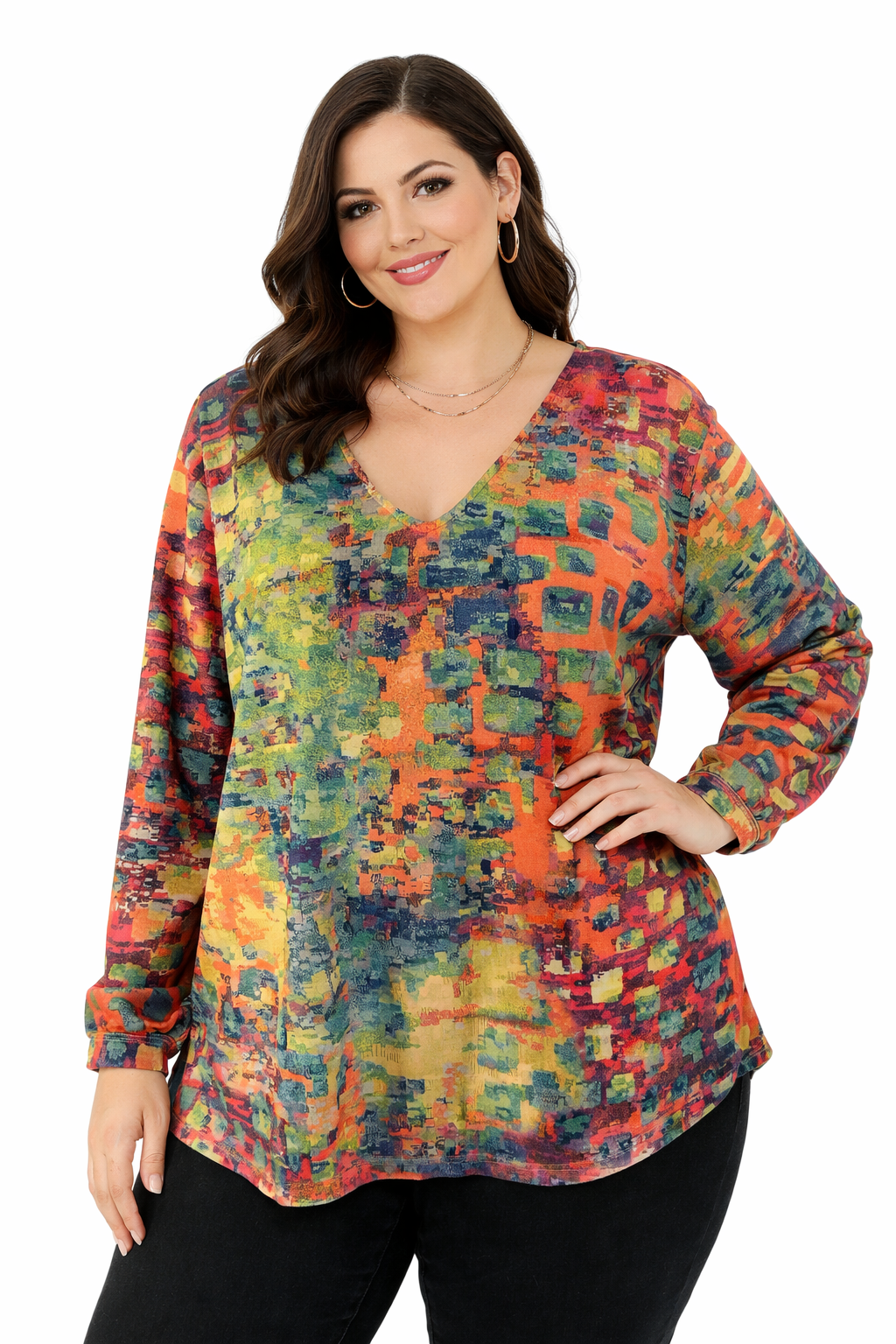 Exclusive abstract pre-owned ladies casual top in size XL, featuring a unique design and relaxed fit for comfortable wear.