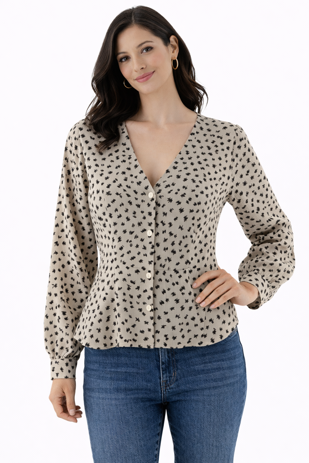 All in Favor - Tan/black Print Pre-Owned Ladies Casual Top - Size Small