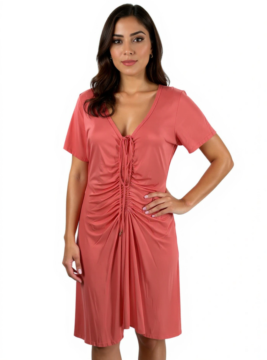 Trina Turk Tahiti Tie Front Midi Dress in coral red, size L, modeled to show v-neck, ruched front, and kimono sleeves. Ideal for resort wear.