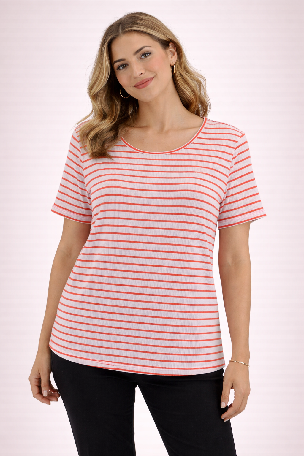 Ann Taylor pink and orange striped pre-owned ladies top in size large, featuring a classic casual design.