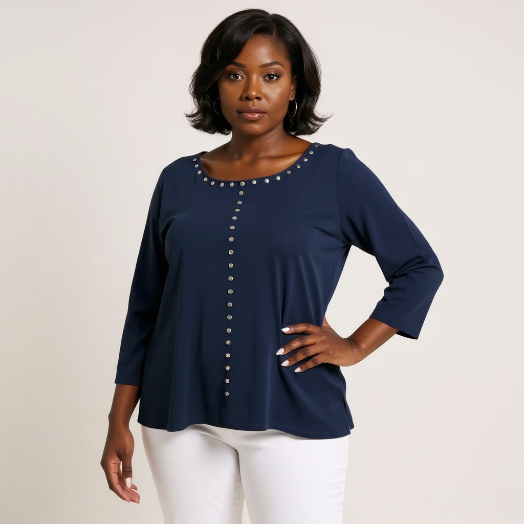 Joseph Ribkoff Navy Studded Keyhole Top – Size 10, Excellent Pre-Owned