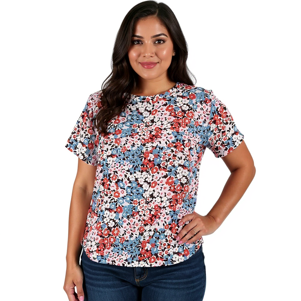 Loft Pink/Blue Floral Ladies Pre-Owned Top - Size Petite Small