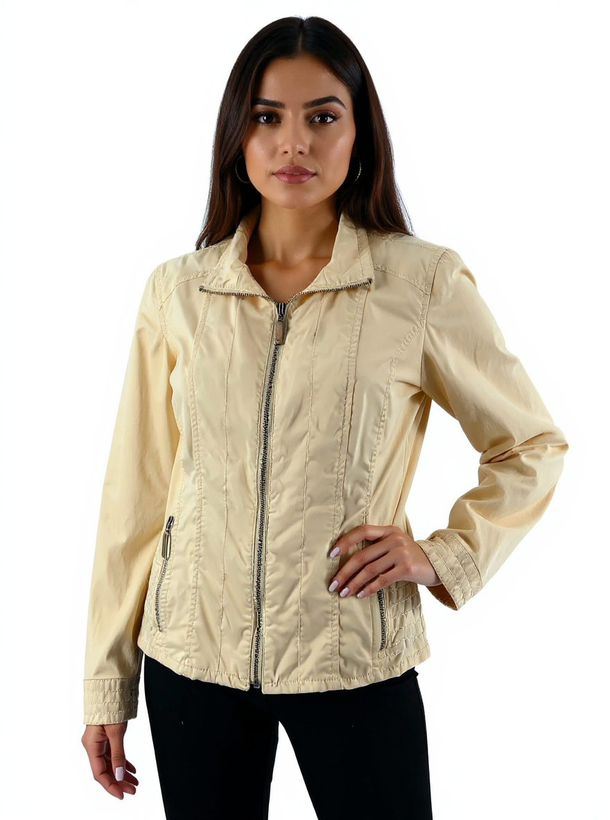 Chico's yellow lightweight zip-front moto jacket for ladies, size medium, displayed on a hanger against a neutral background.