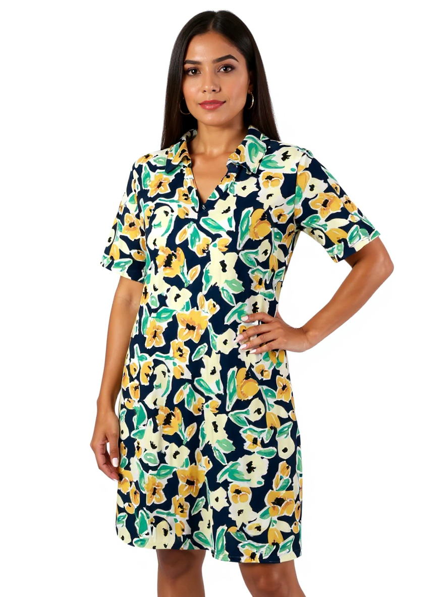 D & Co Navy/Yellow/Green/Orange Floral Pre-Owned Ladies Dress - Size Small