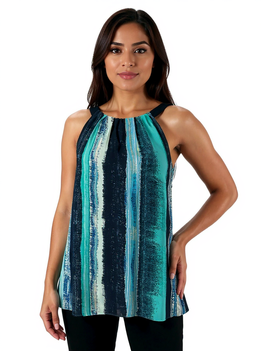 Ann Taylor Navy/Turquoise Print Pre-Owned Ladies Top - Size 6