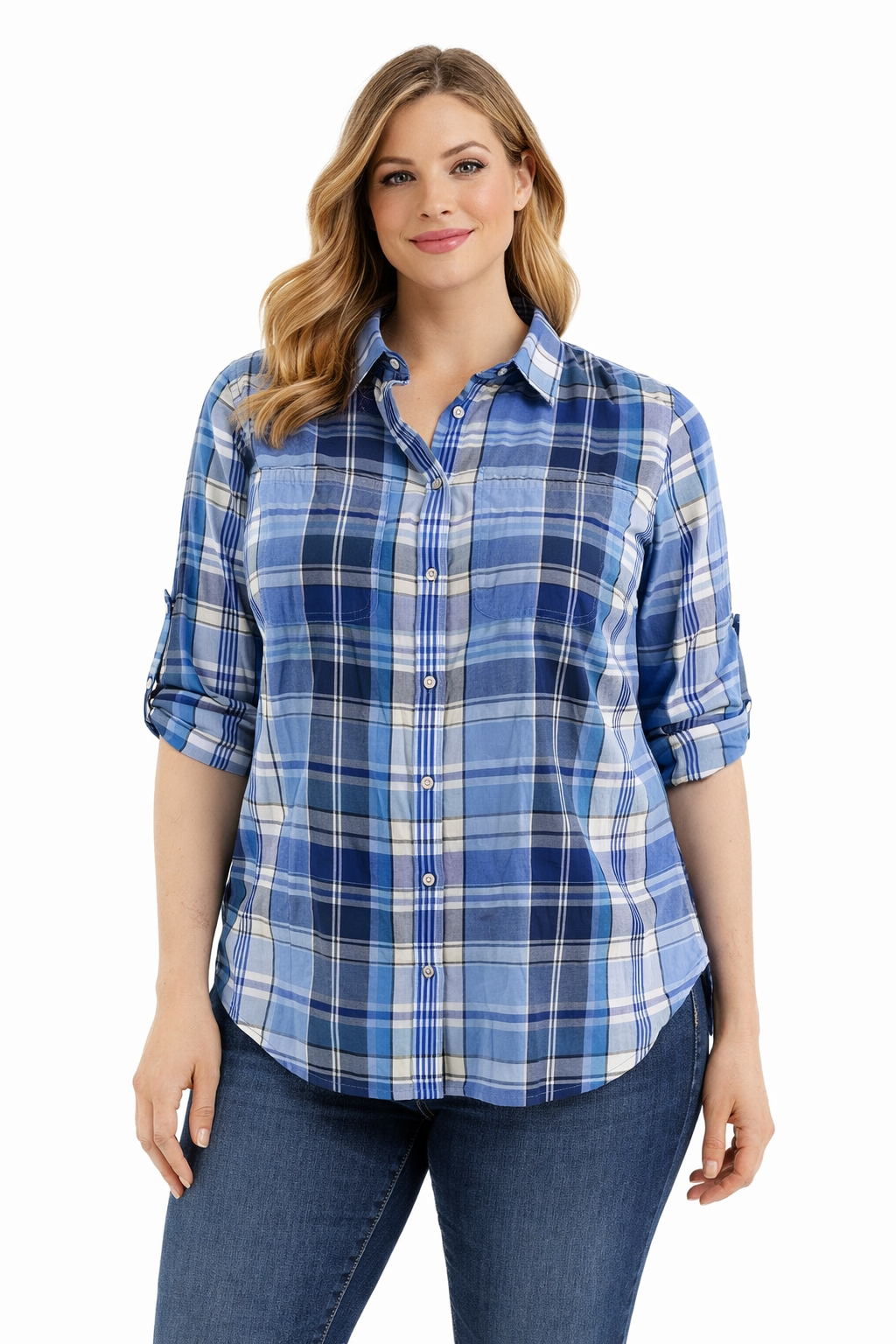 Ralph Lauren Blue/White Plaid Pre-Owned Ladies Casual Top -  Size 1X