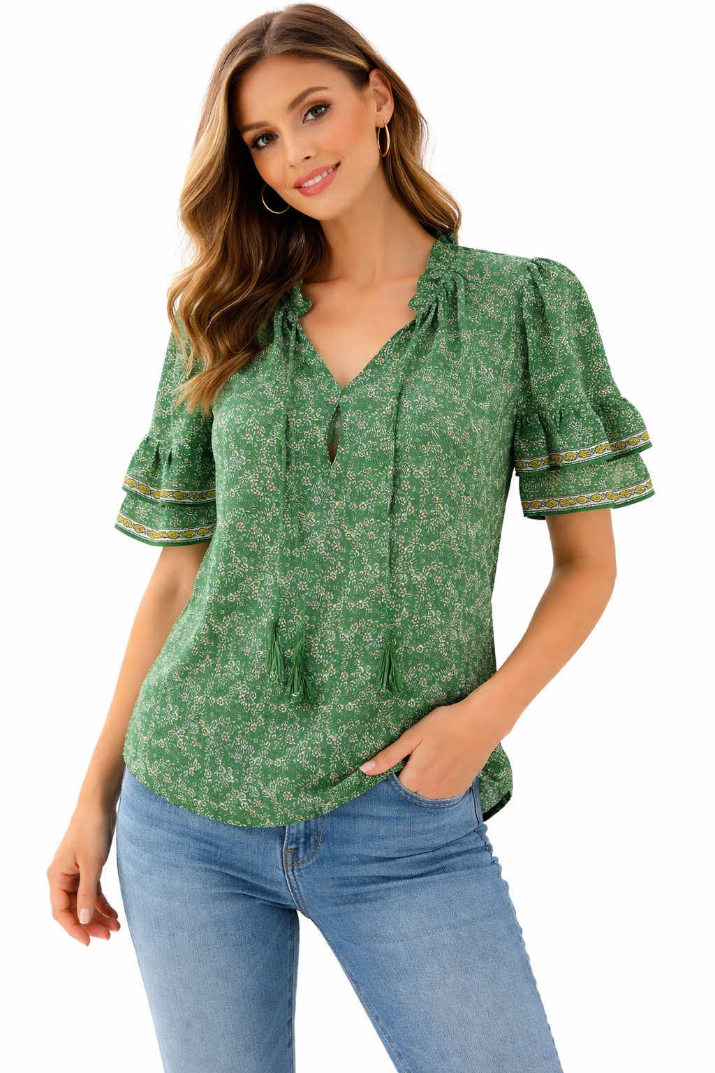 Max Studio - green/white/black Floral Pre-Owned Casual Top - Size Small