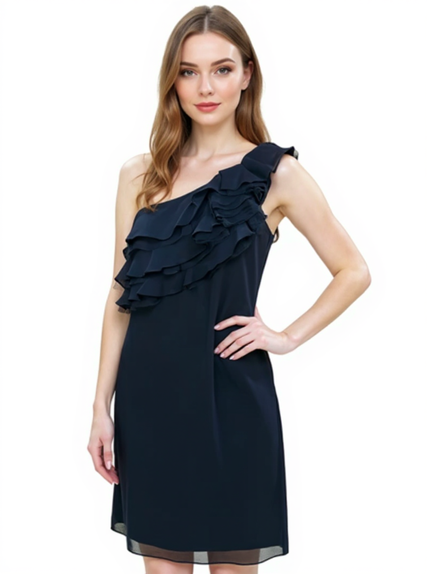 Ella Rose bridesmaid one shoulder ruffle sheath dress in navy blue, size 8, modeled front view showing asymmetrical neckline and layered ruffles.