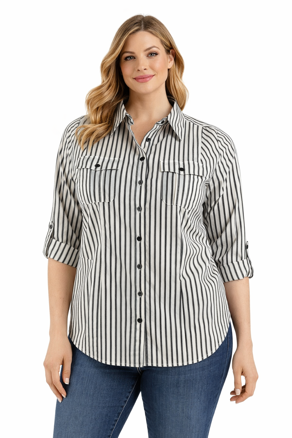 Worthington Black/White Stripe Pre-Owned Ladies Top - Size 1X