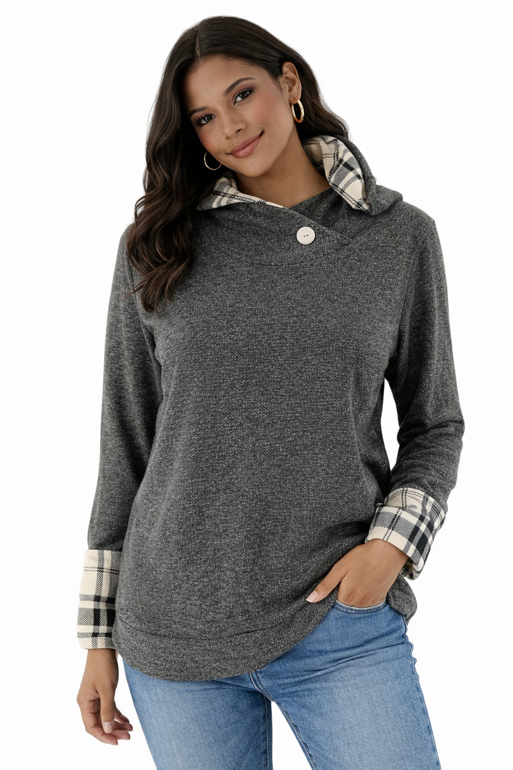 Twenty Second - heather gray Plaid Pre-Owned Ladies Casual Top - Size M