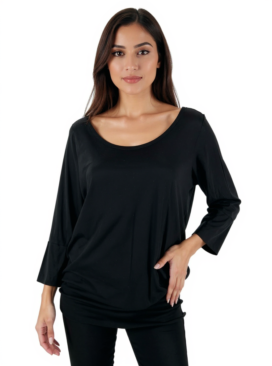 Black solid batwing dolman top from Simlu, size medium, showcasing a casual tunic style for ladies.