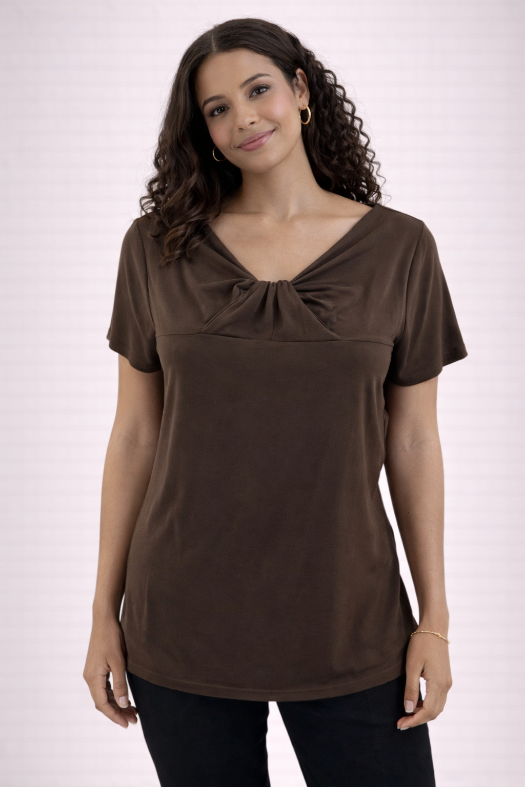 Ann Taylor brown cap sleeve pullover top with knot front and twist detail in size large, made from soft jersey knit.