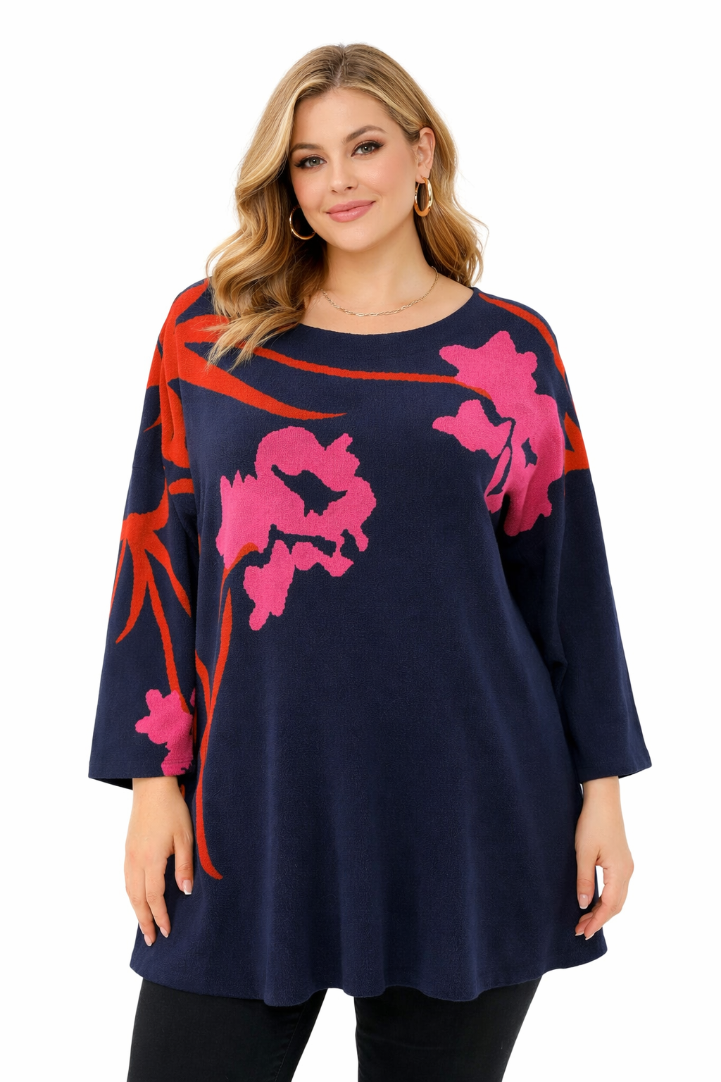 Field & Flower pre-owned casual top in navy, pink, and orange floral pattern, size XL, displayed on a neutral background.