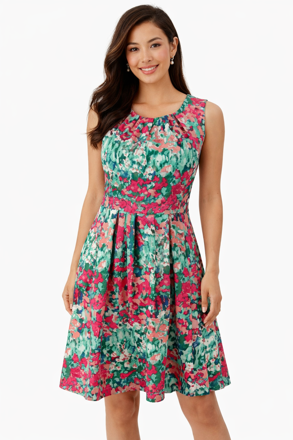 Talbots Green/Pink/Blue Print Pre-Owned Ladies Dress - Size 14 Petite