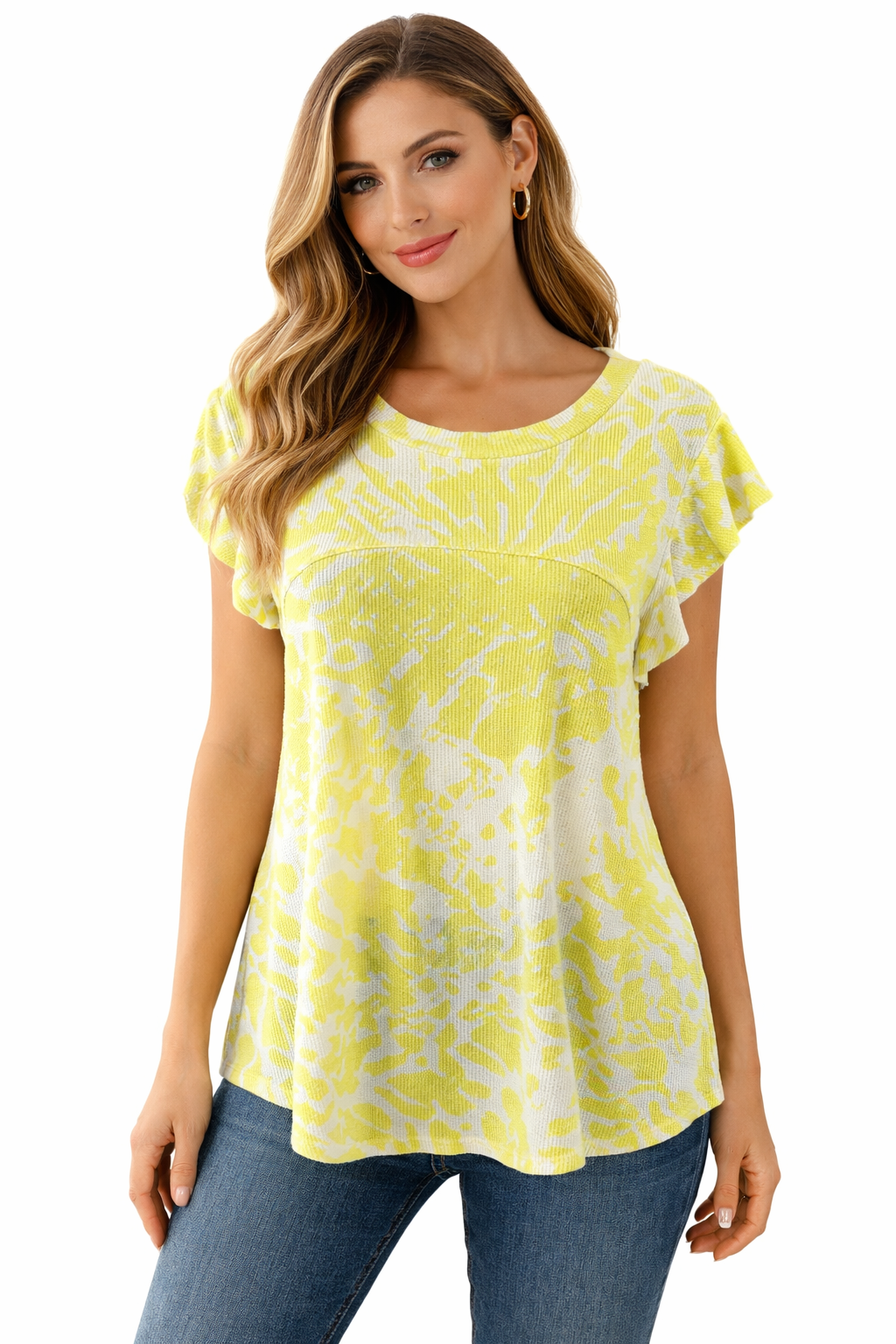 Bucket List - Yellow/White Waffle Tiedye Pre-Owned Ladies Top - Size Small