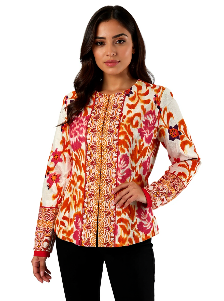 Indikka Orange/Multi Print Pre-Owned Ladies Jacket- Size Small