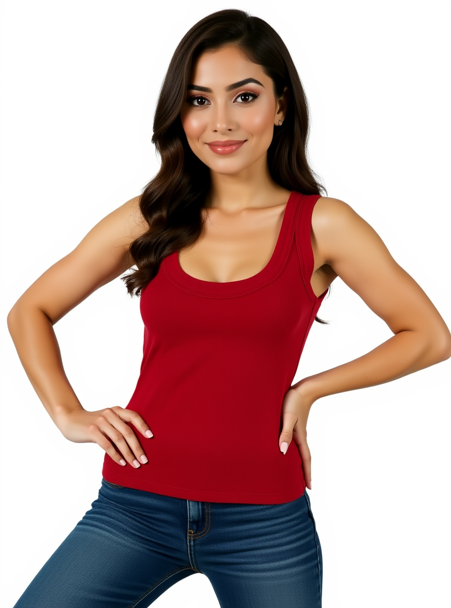 Banana Republic ribbed scoop-neck tank top in cherry red, size XS, styled on model. A classic minimalist sleeveless top perfect for layering.