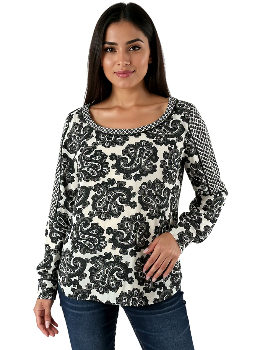 Ann Taylor Loft pre-owned ladies blouse in black, white, and gray paisley, long sleeve, scoop neck, size XS.