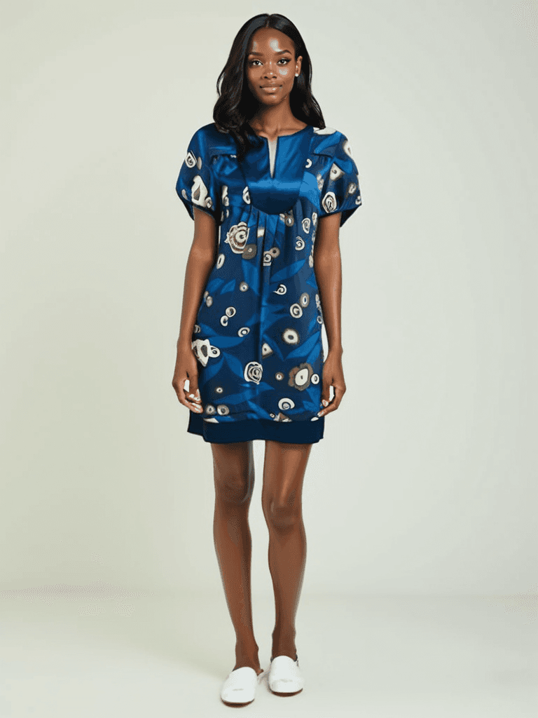 Banana Republic Dress Size Small in navy and tan print modeled front view. Stylish short-sleeve dress perfect for casual or semi-formal wear.