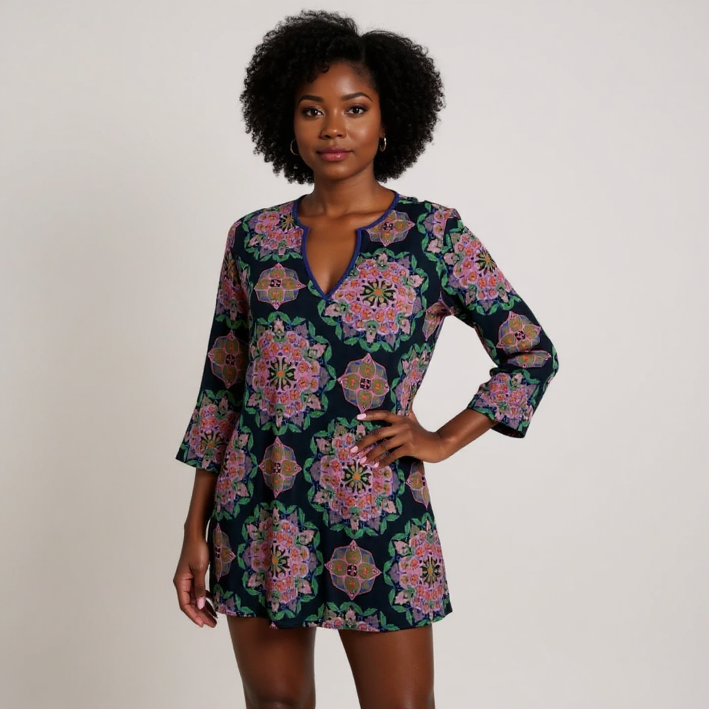 J.Crew Navy, Pink & Green Medallion Print Cotton Tunic Dress – Size XS, Excellent Condition