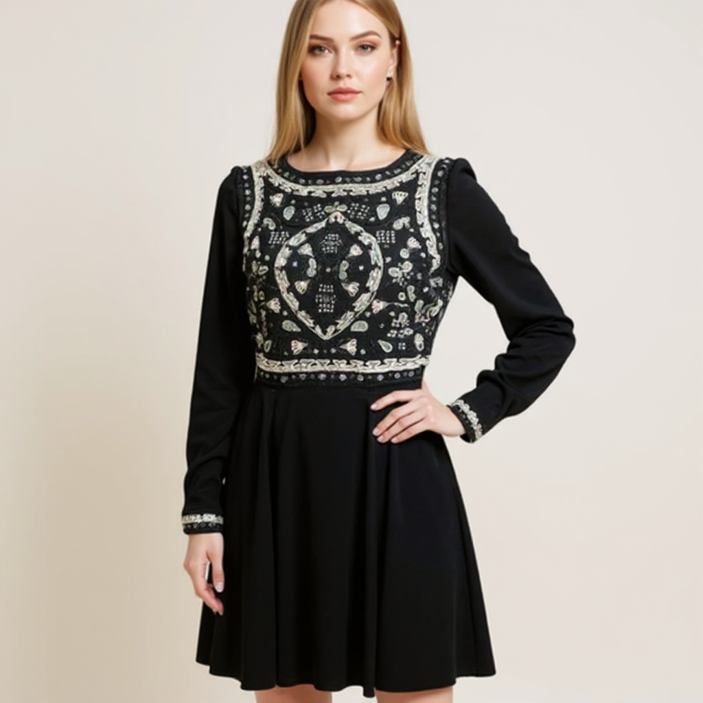 H&M Black Embroidered Pre-Owned Ladies Dress - Size 8