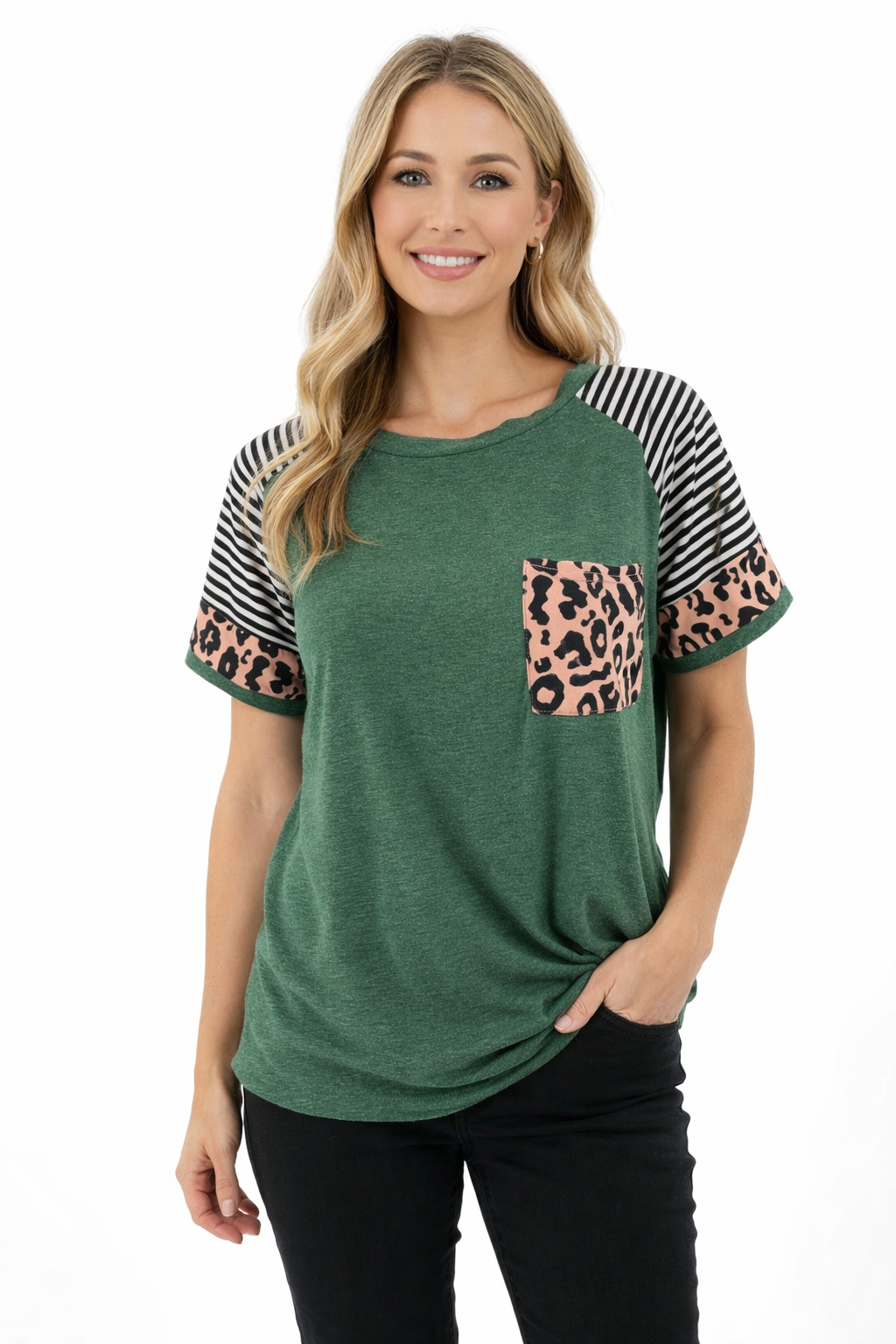 No Brand - Green/White/Black Stripe/Animal Print Pre-Owned Ladies Top - Size Small