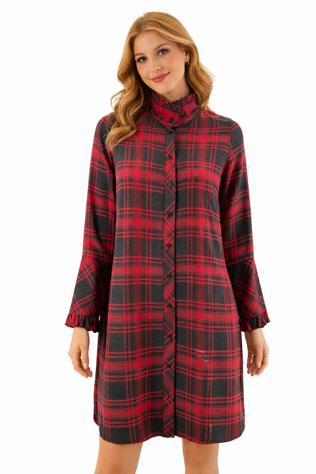 Soft Surroundings Size Red/Black Plaid Pre-Owned Ladies Dress - XS Petite