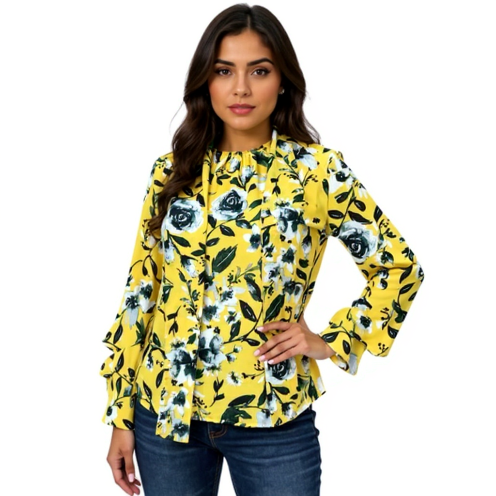 Eva Mendes Yellow/Green Floral Pre-Owned Ladies Top - Size Large