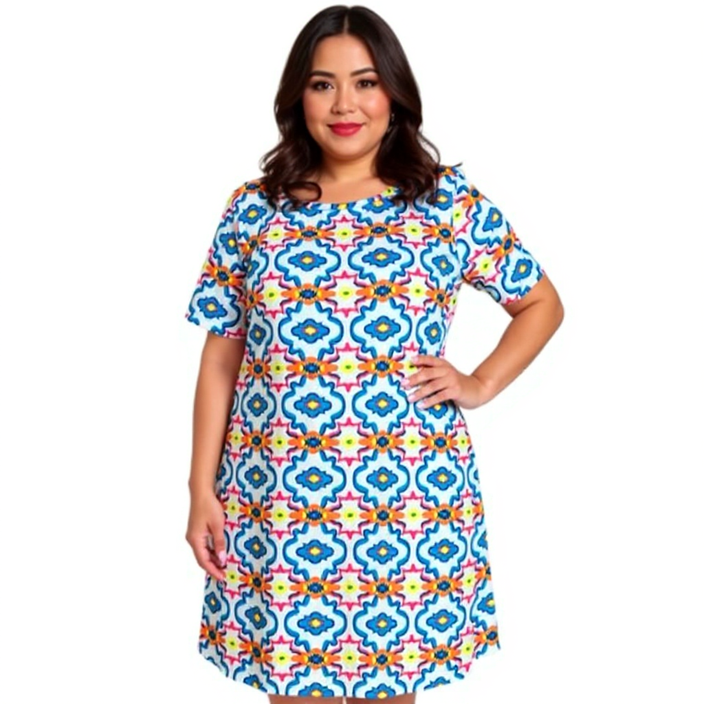 Peach Love Blue/Orange/Yellow Print Pre-Owned Ladies Dress - Size Large