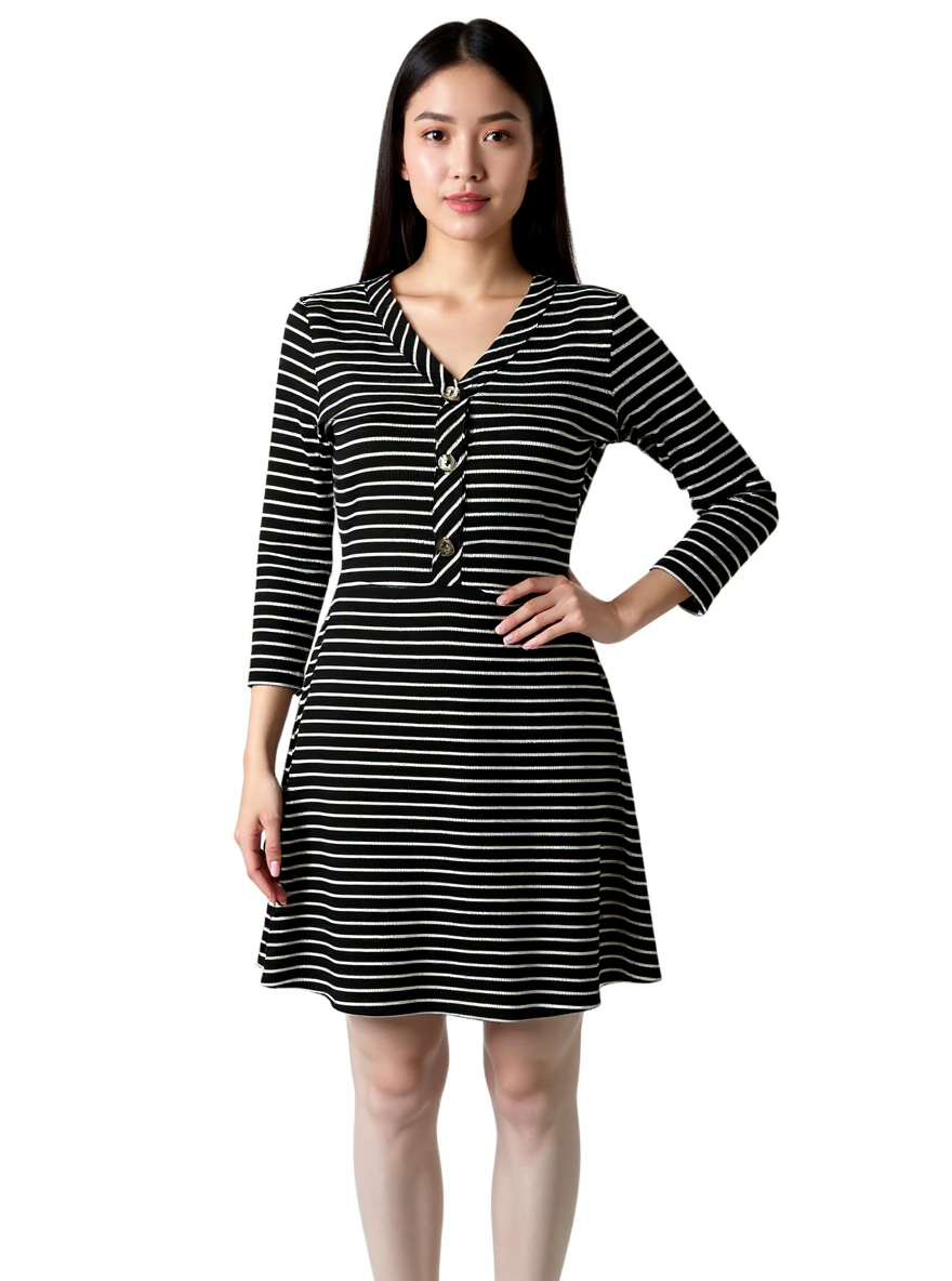 Ultra Flirt Black/White Striped Pre-Owned Ladies Dress -  Size Medium